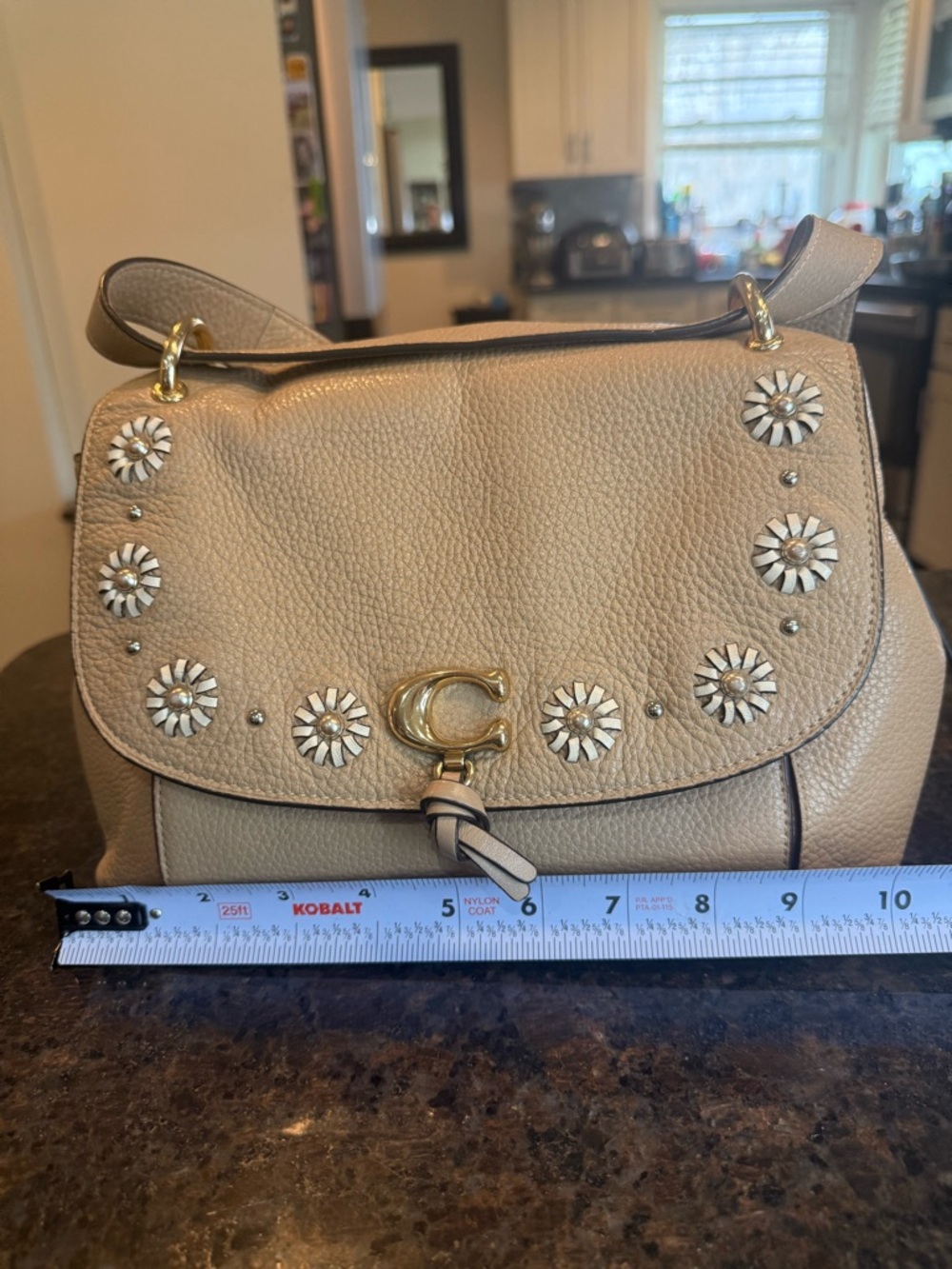 Coach Beige Pebbled Leather Crossbody with Floral Studs - Picture 13 of 15
